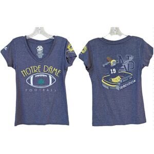 Notre Dame Football Womens T shirt Tee V neck 30 Years Size S Blue Gold Shamrock
